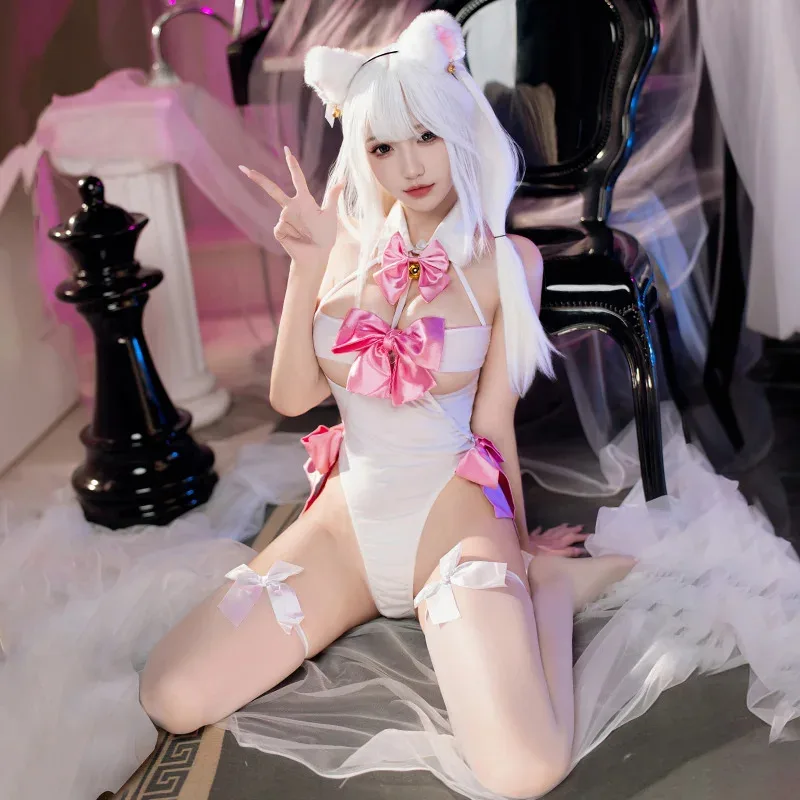 DY20Sexy Lingerie Cat Cosplay Costumes Cute Open Bra Bow Bodysuit Anime Kitten Cute Girls Kitty Uniform Nightclub Party Suit Bed