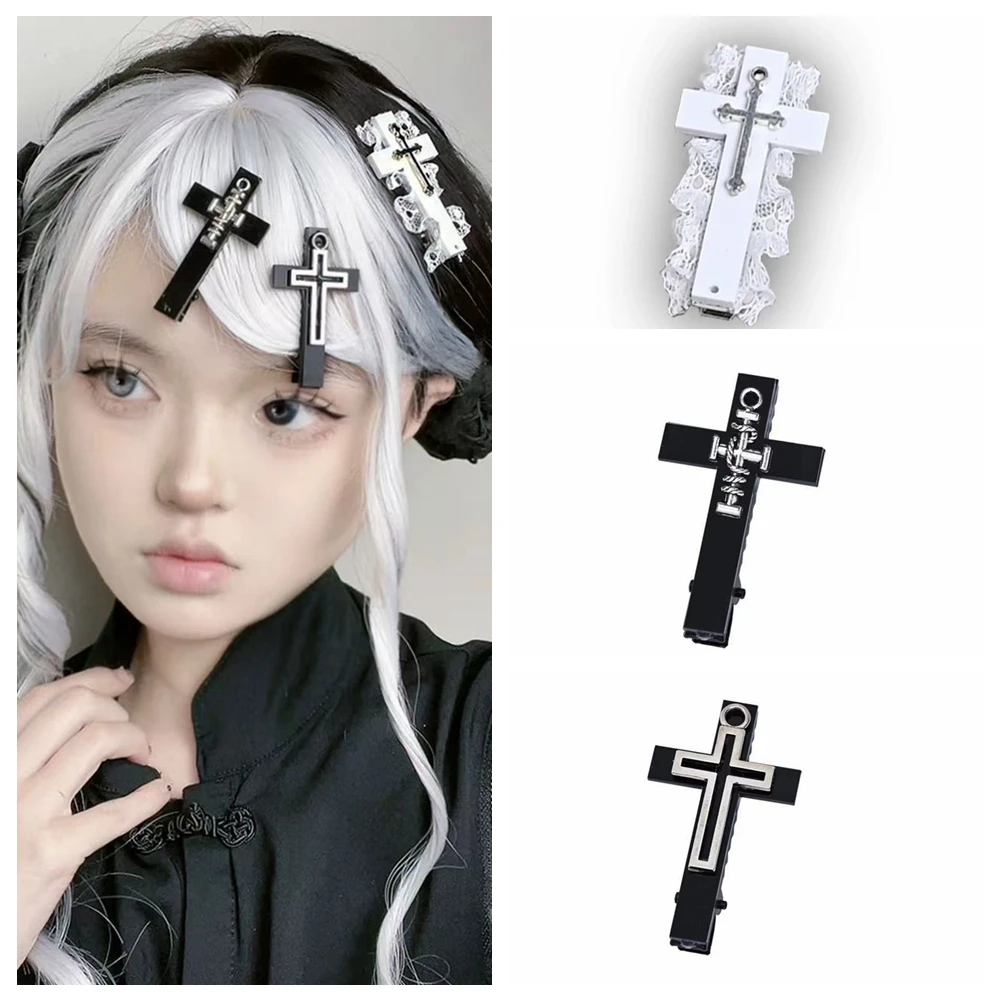 

Gothic White Black Lace Cross Shaped Hair Clips Retro Punk Styles Bangs Duckbill Barrettes Women Girls Halloween Party Headdress