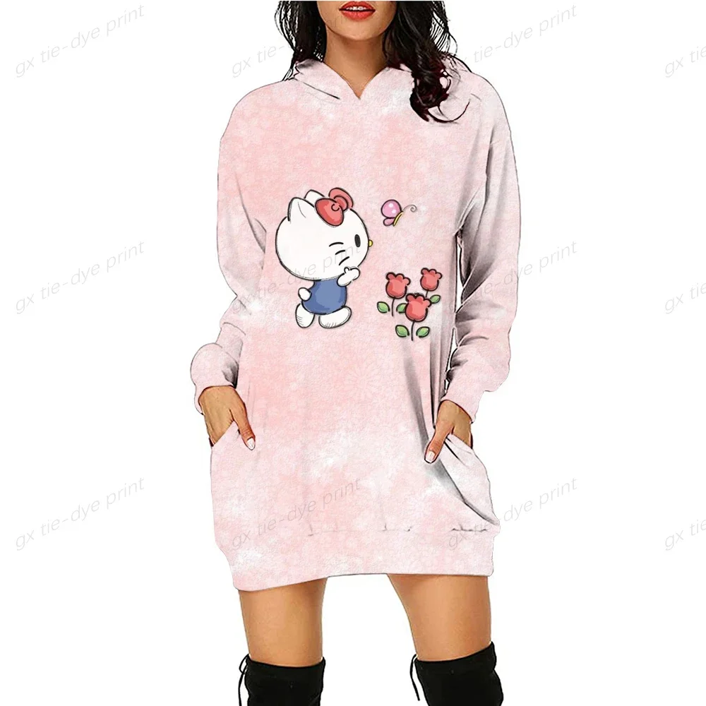 Sweatshirt Streetwear New Casual HELLO KITTY Print Spring Femme Large Size Vintage Long Sleeve Women Hoodies Dress Y2K