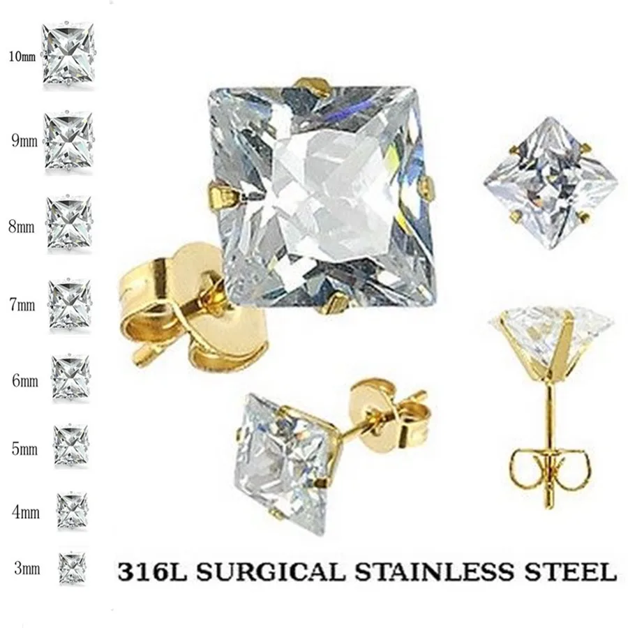 LUXUSTEEL 10Pairs 316L Stainless Steel Different Color Round/Square Shaped Brilliant Cubic Zircon Stud Earrings Sets Bijoux