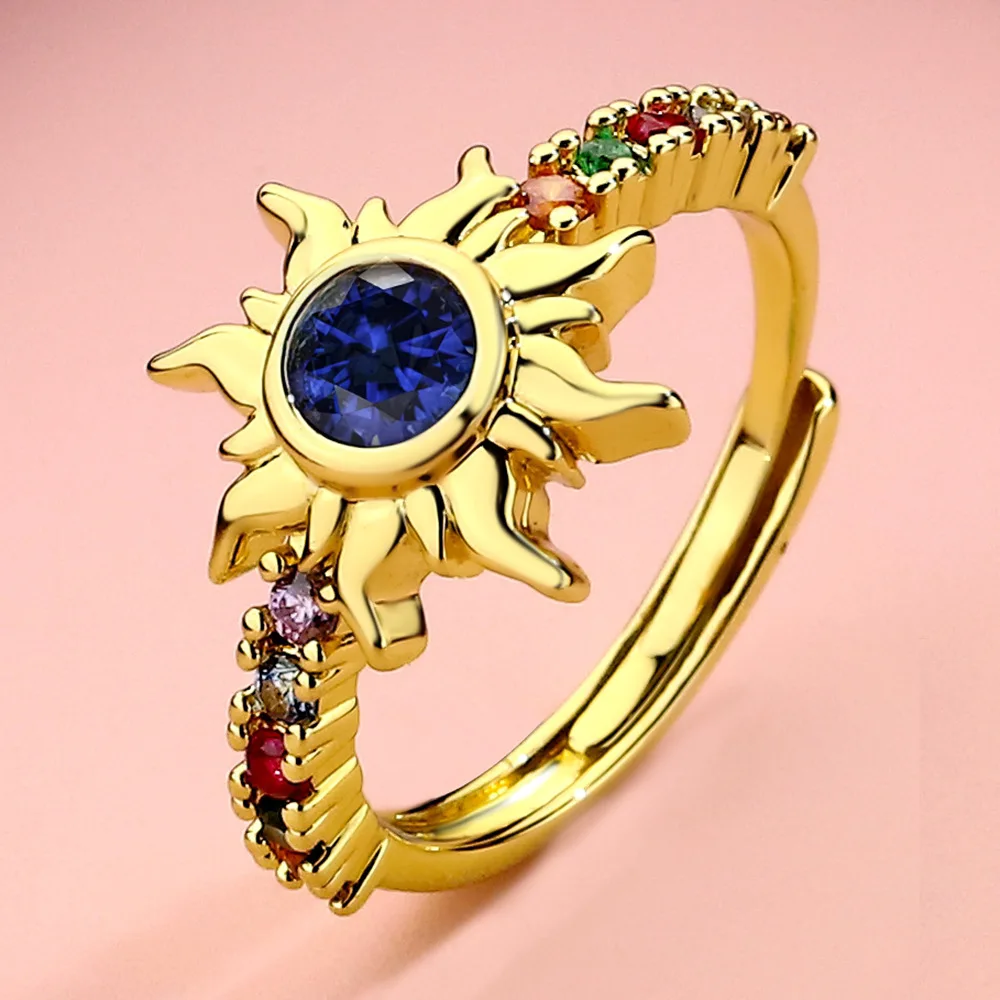 Purple Crystal Multicolor Zircon Sun Flower Opening Rings For Women Vintage Gold Silver Color Wedding Bands Engagement Jewelry