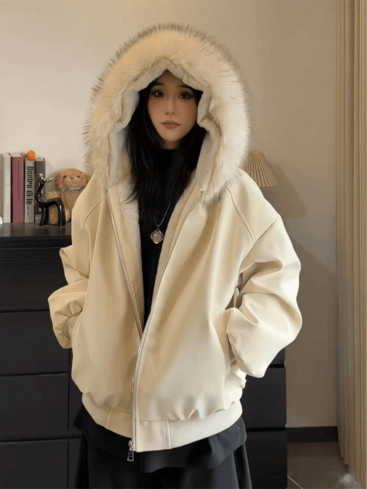 

Thiened Winter Jaet Coat with Fur Collar Litchi Pattern Design Bla Hooded Cotton Warmth Women's Casual Outerwear