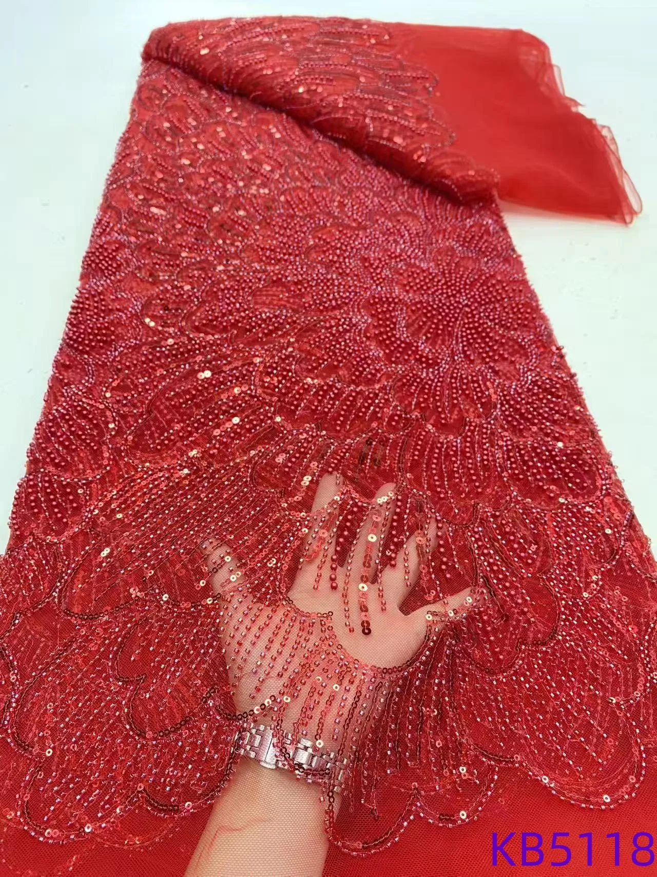 Lantejoulas tule renda malha francesa tecido de renda africana 5 metros alta qualidade 2025 azul real tecido renda frisada para costura kb5121