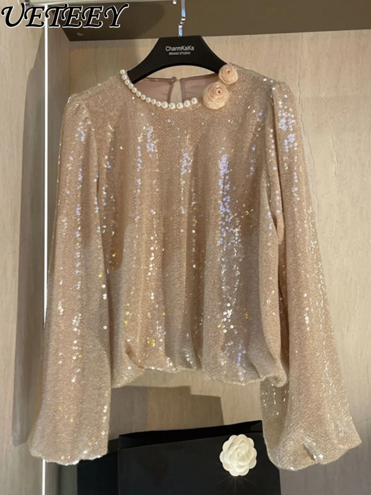 

Socialite Temperament Heavy Industry Beads Sequined Flower Shirt Women's 2024 Spring New Loose Blouse Bishop Sleeves Top