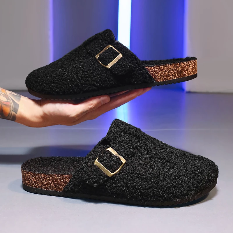 Men Women Fur Cork Clogs New Winter Cork Slippers Indoor And Outdoor Fur Mules Slides Female Comfort Warm Cork House Shoes