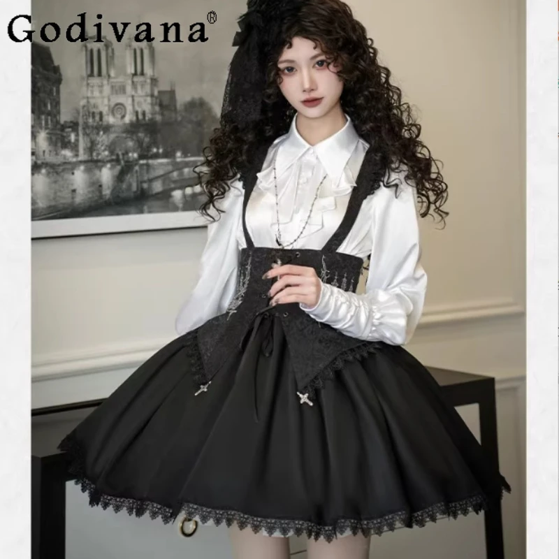 

Spring Autumn Gothic Short Strap Removable High Waist A-line Suspender Skirt Versatile Elegant Girl Retro Black Lace-Up Dress