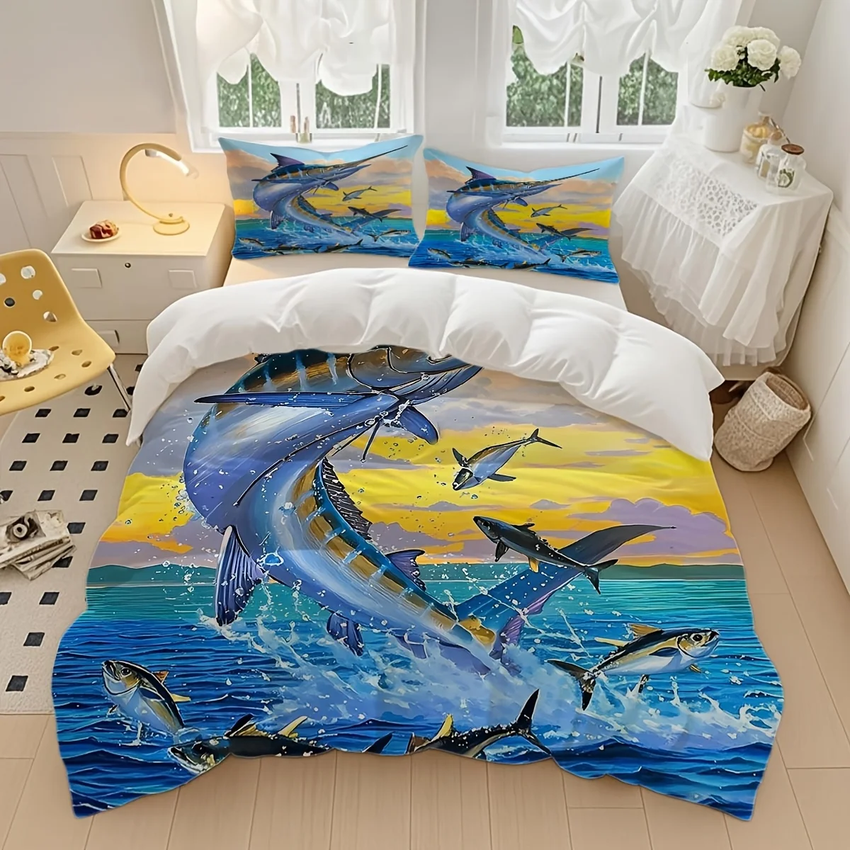 Customize 3pcs Tuna Pattern Bedding, Digital Print, Breathable And Soft, Suitable for All Seasons, Perfect for Personal Use at H