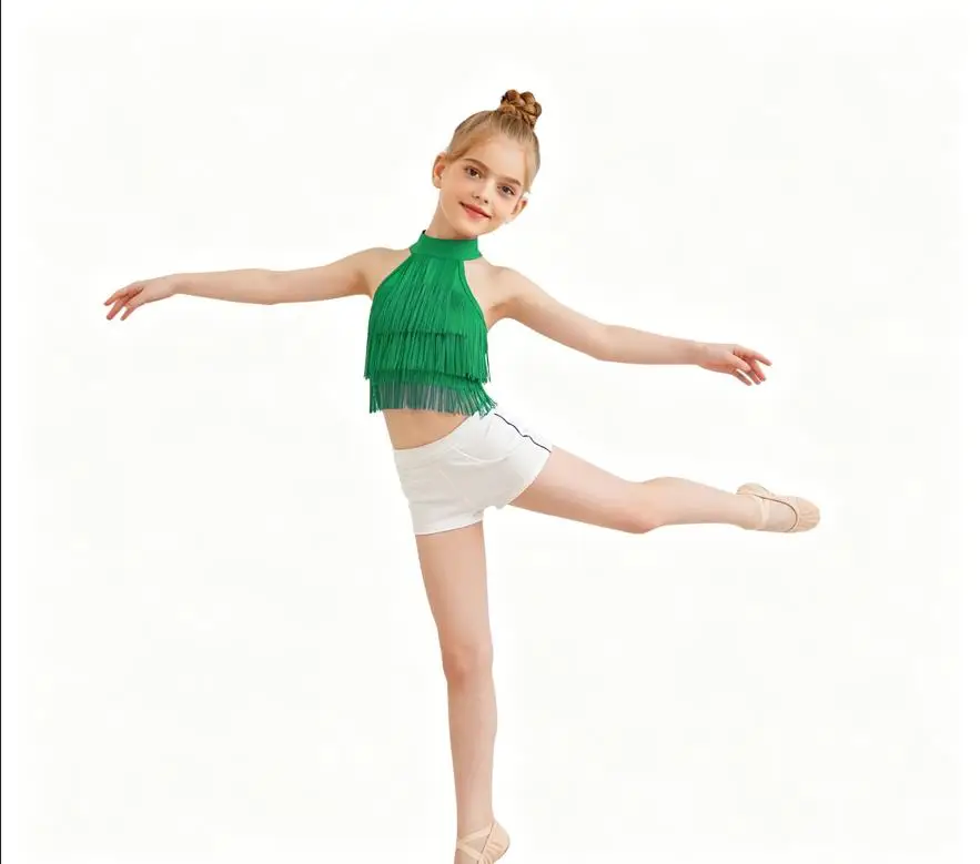 Kids Girls Fringe Tassels Dance Vest Sleeveless Strappy Back Top for Rhythmic Rumba Salsa Latin Lyrical Jazz Stage Performance