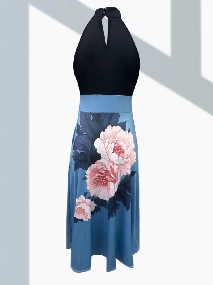 Flower Printed Split Backless Women Dresses Summer Sexy O Neck Sleeveless Robe Dress Elegant High Waist Hollow Boho A-Line Dress