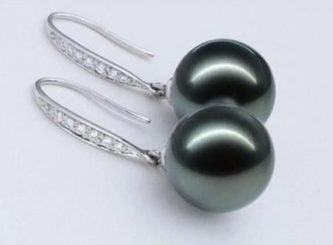 

HUGE PAIR OF 9-10MM NATURAL TAHITIAN GENUINE BLACK PERFECT ROUND PEARL EARRING pearl earrings silver