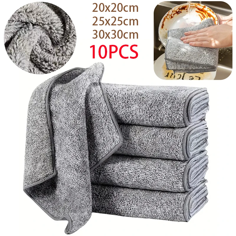 10 pcs Gray Bamboo Charcoal Thickened Super Absorbent Dishcloth Anti-grease Home Kitchen Wiping Rags Microfiber Cleaning Cloths