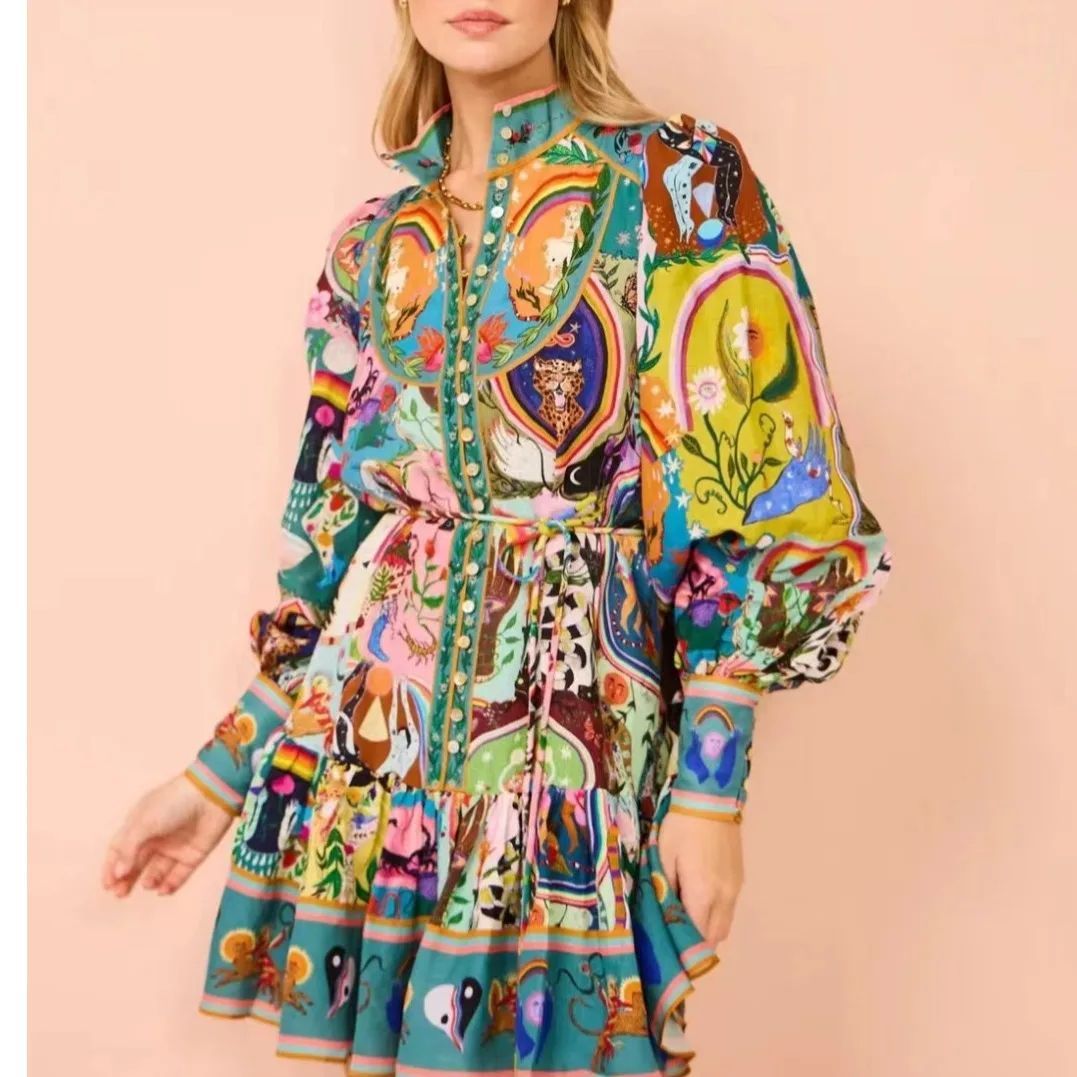 

2024 New Casual Faion Printed irt Cardigan Ele Versatile Dr Skirt Long Sve Cake Skirt Polyester Fiber Winter Sp...