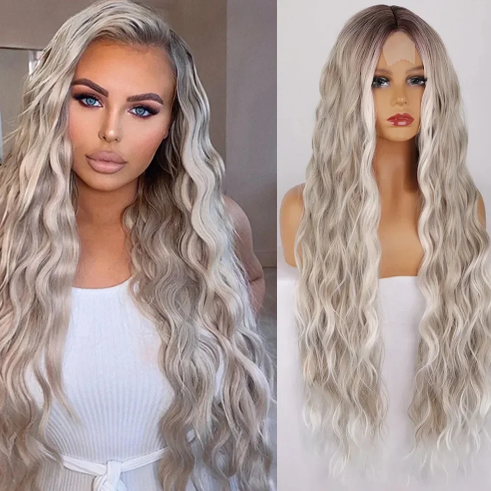 

36 Inch gradient colour Curly Platinum Blonde Wig Long Wavy lace front Blonde Wig for Women Synthetic Middle Part Cosplay Wigs