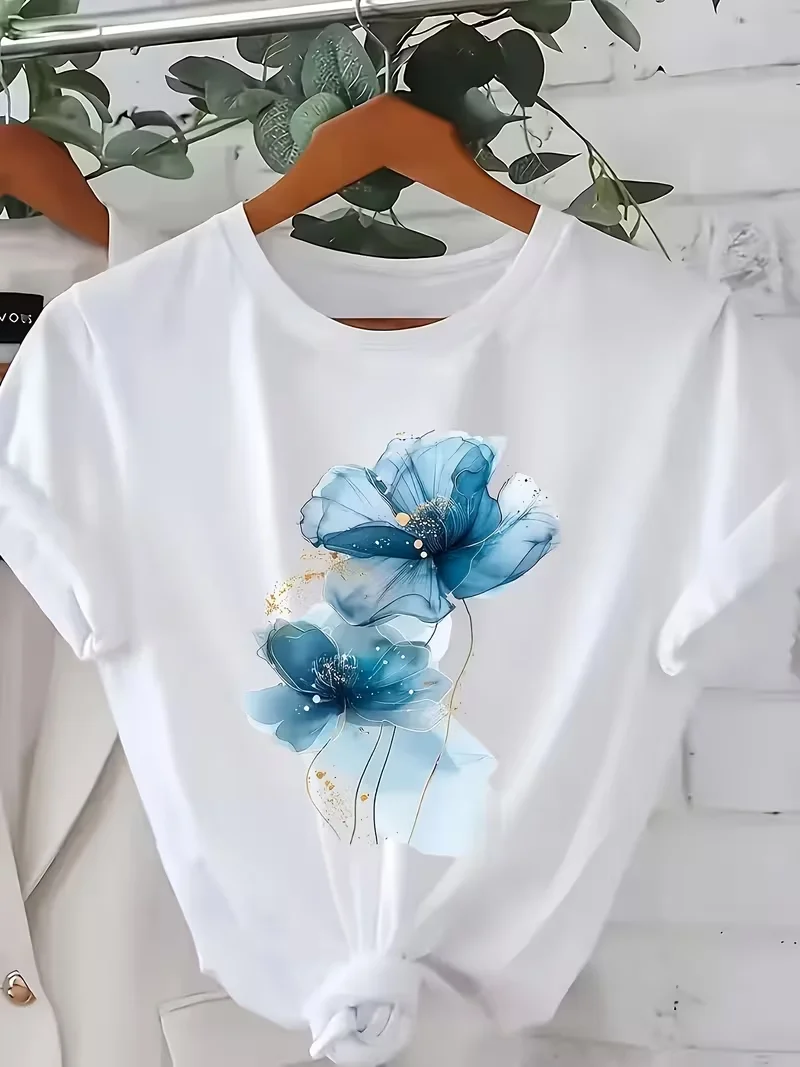 Women's Floral Print T-Shirt with Golden Accents Short Sleeve Casual Y2k Top Perfect Summer Washable Versatile Tee Free Shipping