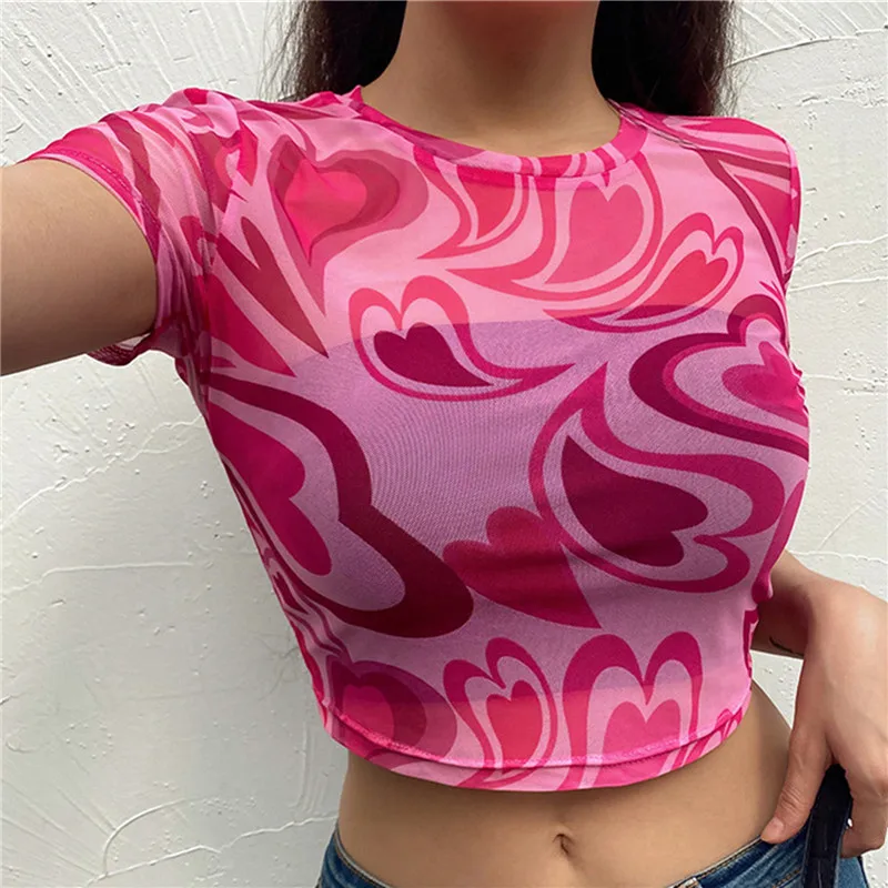 T-shirt Vrouwen Zomer Roze Hart Gedrukt Esthetiek See Through Mesh Koreaanse Korte Mouw Voor Zoete Kawaii Meisjes 2024 Crop top