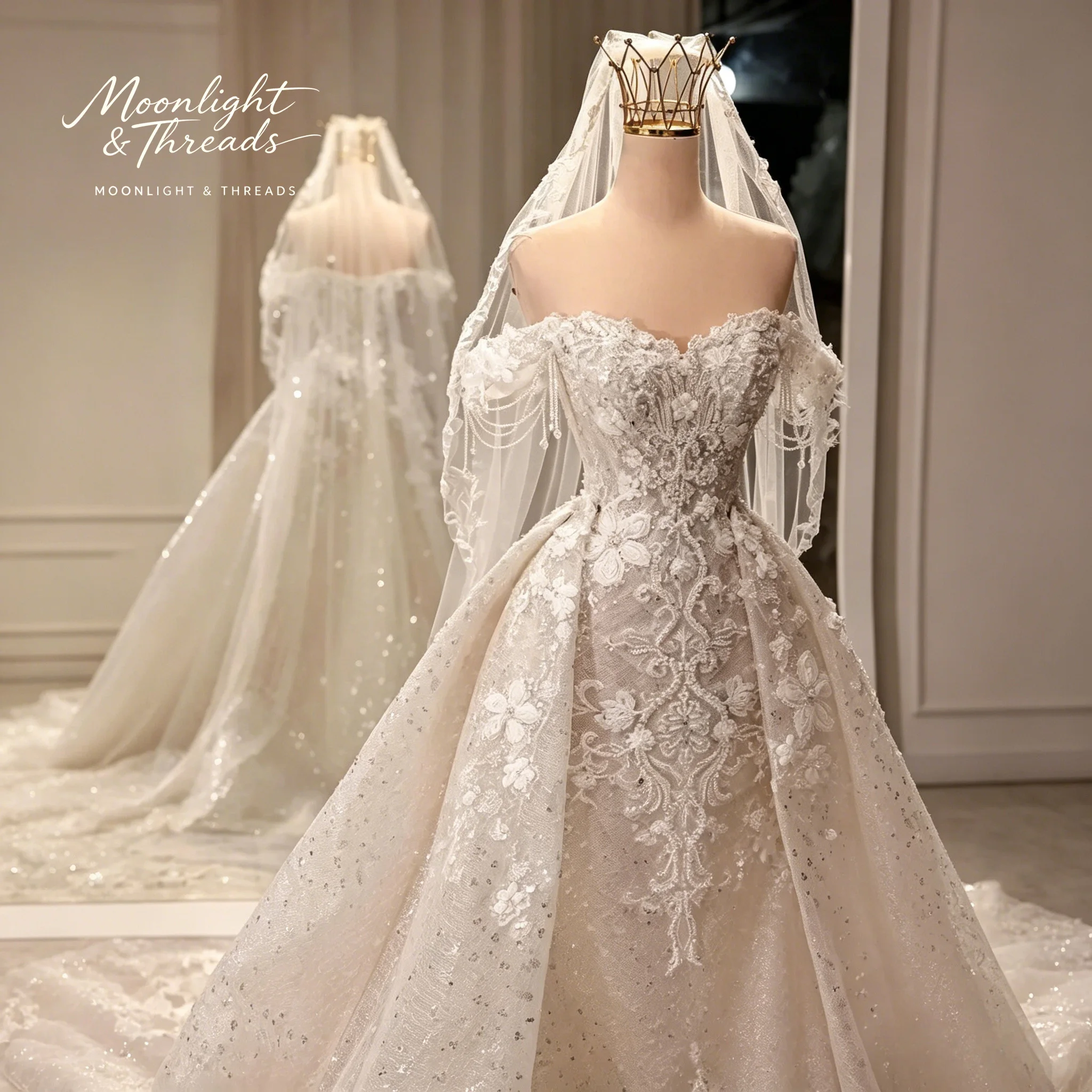 Ivory Off-the-Shoulder Strapless Mermaid-Style Formal Wedding Gown Featuring Appliqué embroidery and Crystal Embellishments