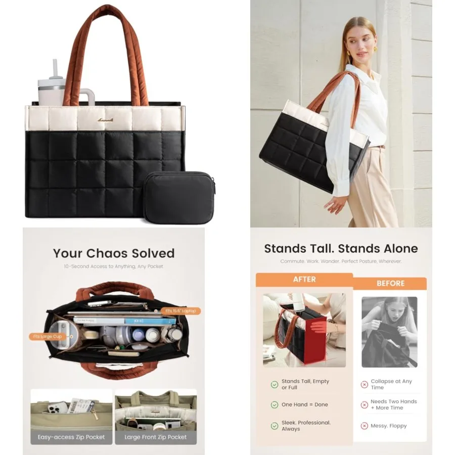 

Tote Bag for Women, Puffer Work Handbag Laptop Purse for Nurse Teacher, Large Quilted Travel Tote Shoulder Bag with Zipper for