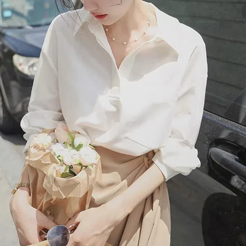 

Women's Solid Color Turn-down Collar Pullover Chiffon Lantern Long Sleeve T-shirt with Elastic High Waist Knee Skirts Suit