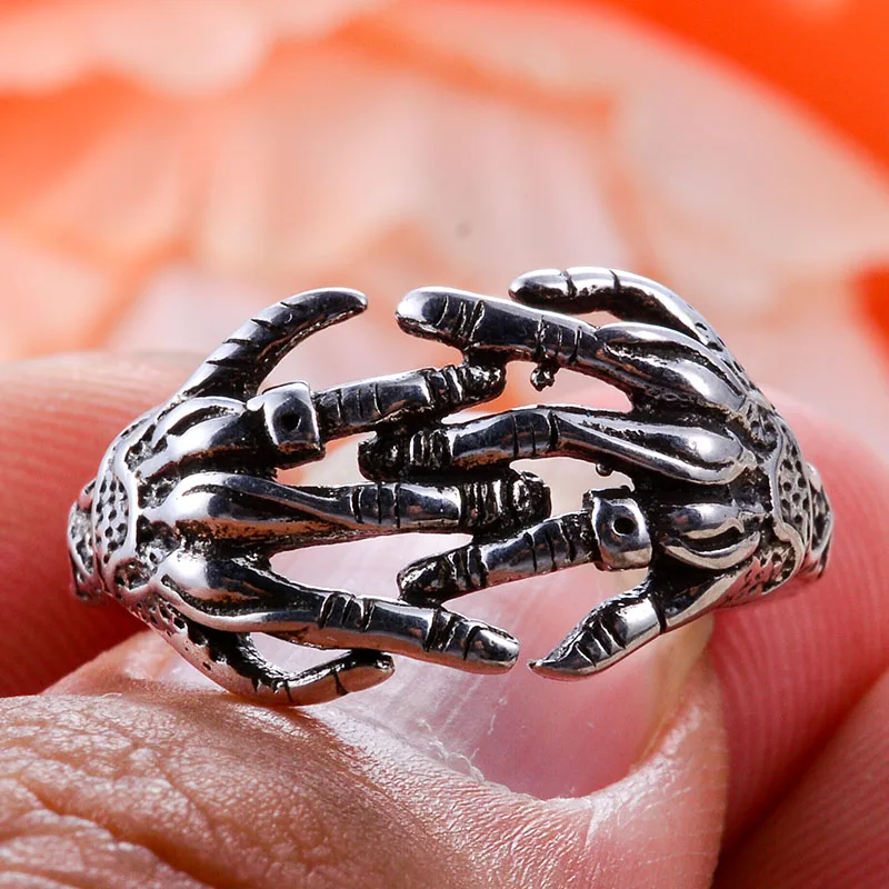 New Arrival Personality Skeleton Hand Retro Thai Silver Female Rock Hip Hop Rings For Women Party Gifts No Fade view 5