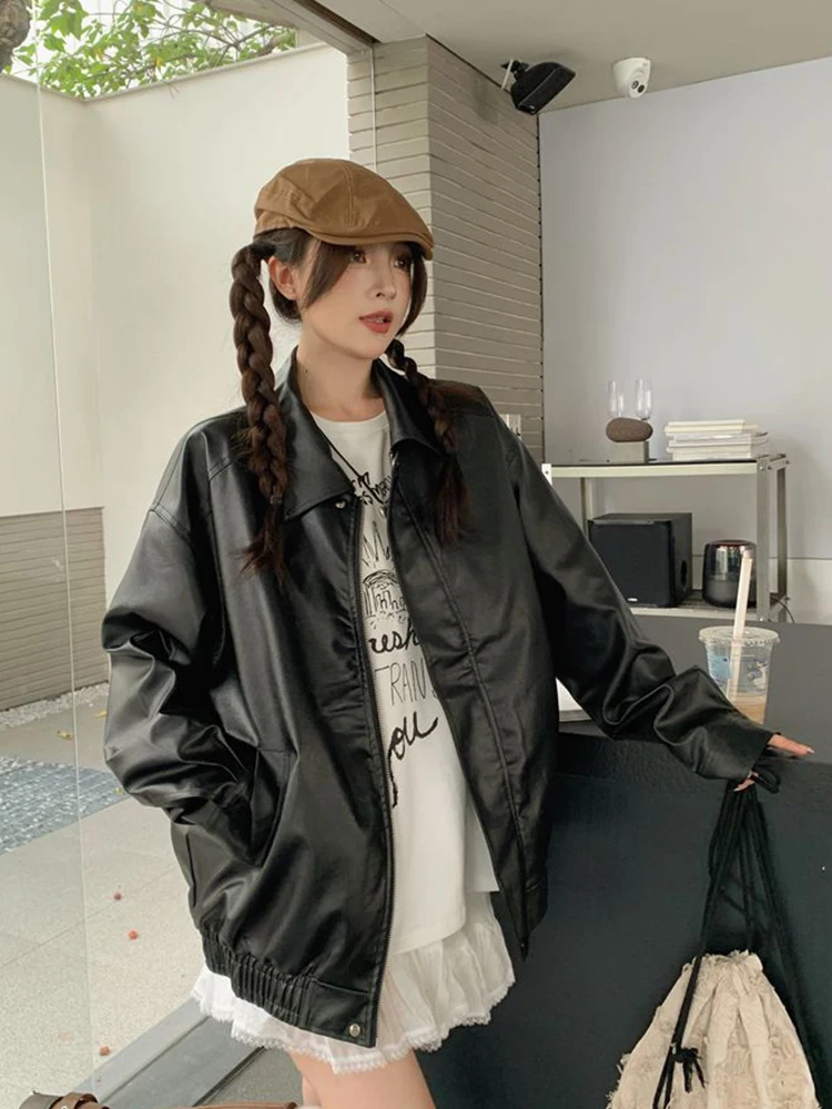 سترة نسائية من البولي يوريثان بتصميم عتيق لراكبي الدراجات النارية الأمريكية ملابس خروج فضفاضة بأكمام طويلة معطف هاراجوكو لخريف وشتاء ملابس علوية نسائية غير رسمية عالية الجودة جديدة #4