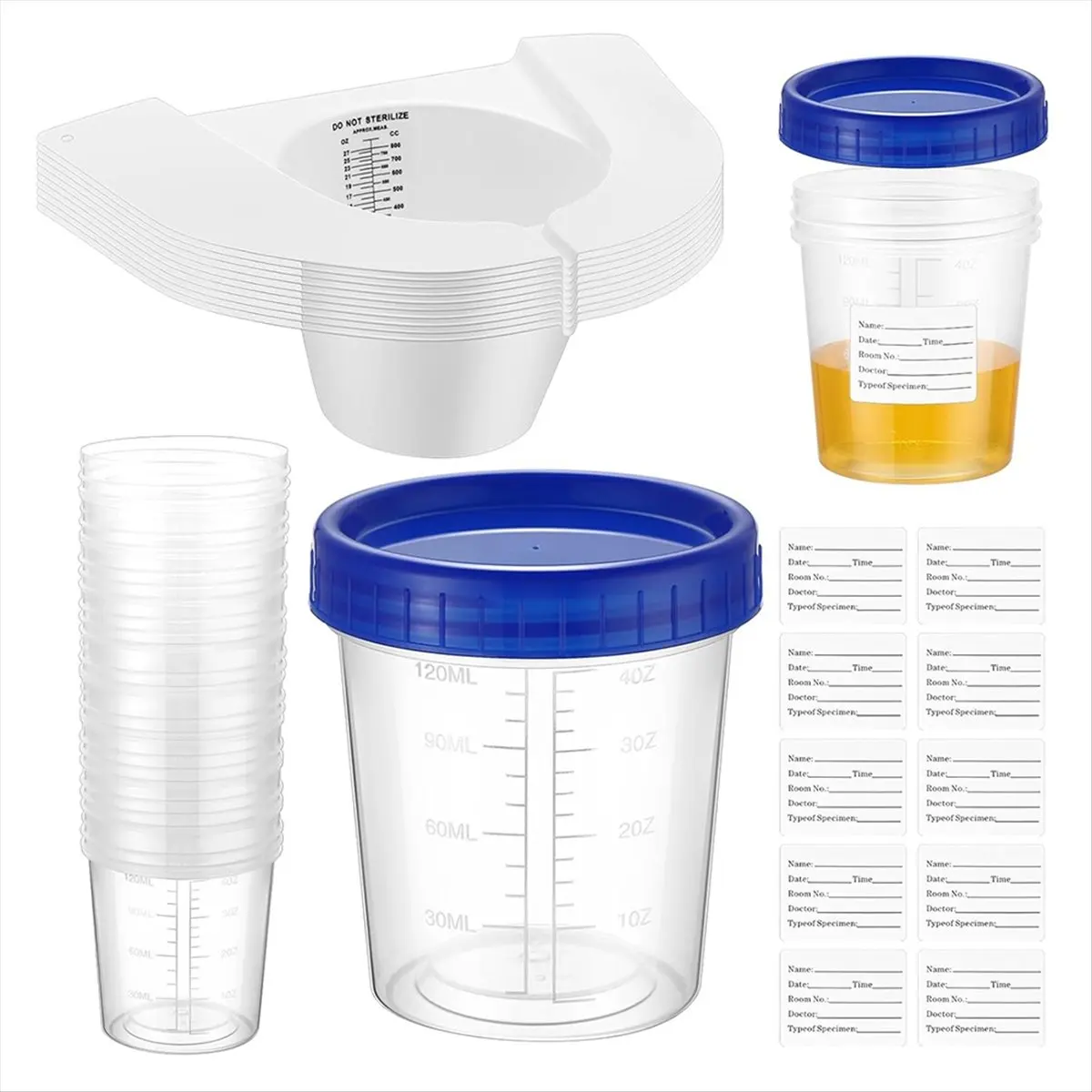 NOCM 30 Pcs Urine Collection Hats for Toilet Sets Including 10 Urine Collector, 10 Sample Cup Containers, 10 Stickers