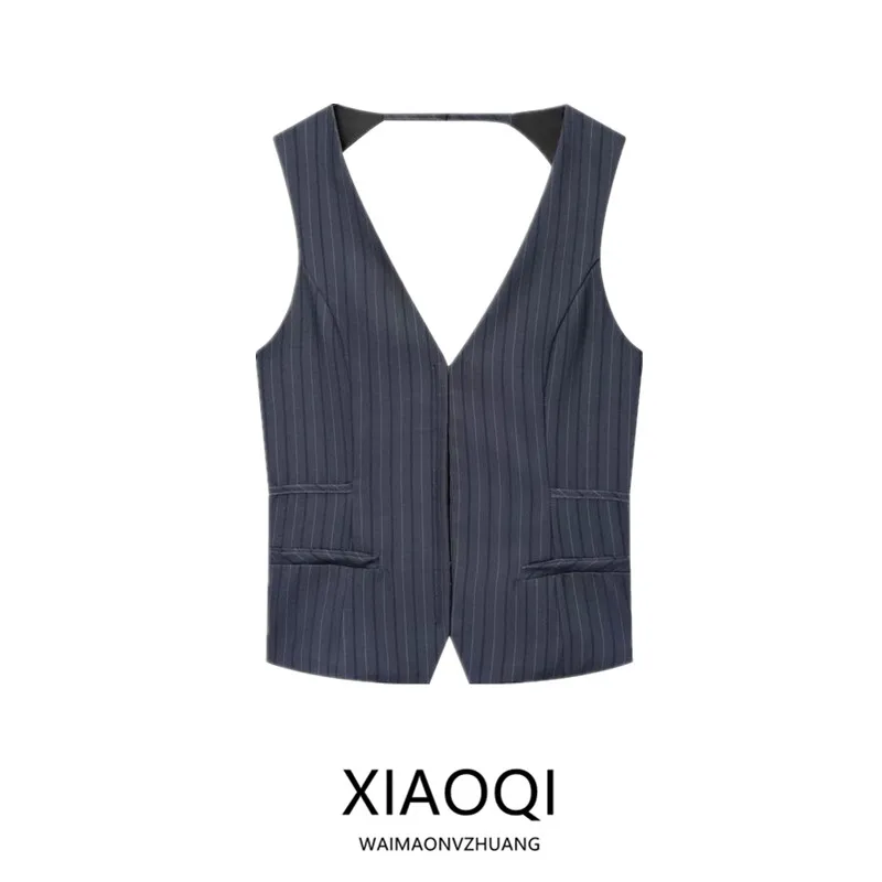 

Женский жилет, топ в тонкую полоску, универсальный, Новое поступление, осень 2021, длина для поездок на работу, без пуговиц, V-Ne, другой материал