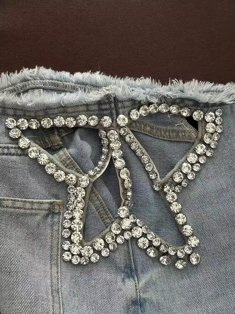 Fashion Star Cutout Rhinestone Trim Denim Pants Women's High Waisted Frayed Black Jeans Summer New