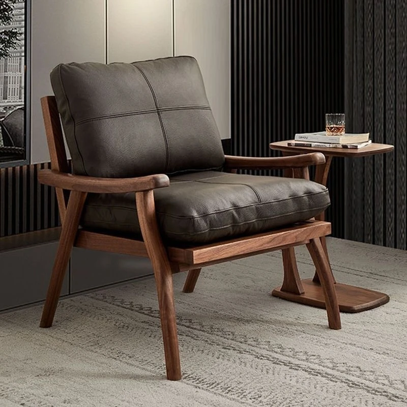 North American Black Walnut Sofa Chair, Simple Genuine Leather Down Cushion, Leisure Chair, Nordic Single Sofa, Living Room Sofa