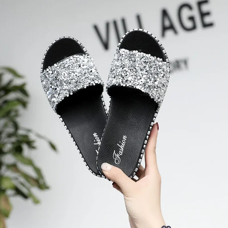 

New Summer Sandals Women Shoes Bling Slippers Ladies Diamond Sandalias Flat Slides Women Beach Shoes Woman Sandalia Feminina