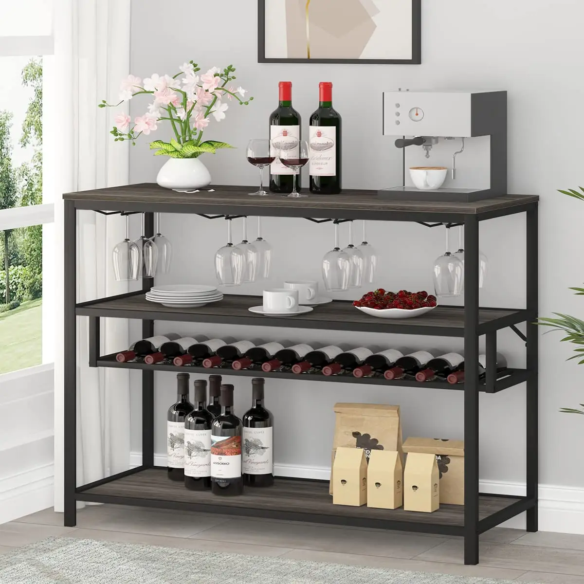 Rustic Brown Free Standing Floor Industrial Wine Display Shelves with Glass rack Bottles Holder-Amazon customization