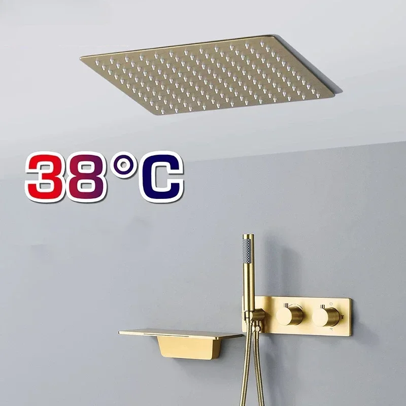 Gold Brush 12inch Shower Set Thermostatic Bath Rainfall Bath Shower Set Bathroom Golden Constant Shower Bathtub Mixer