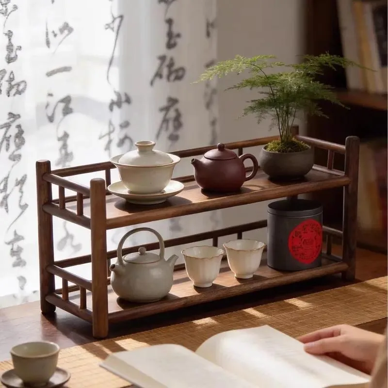 Solid Wood Kitchen Vertical Storage Rack Multi Layer Tenon Mortise Structure Cup Holder Tea Set Organizer Non Foldable Shelf