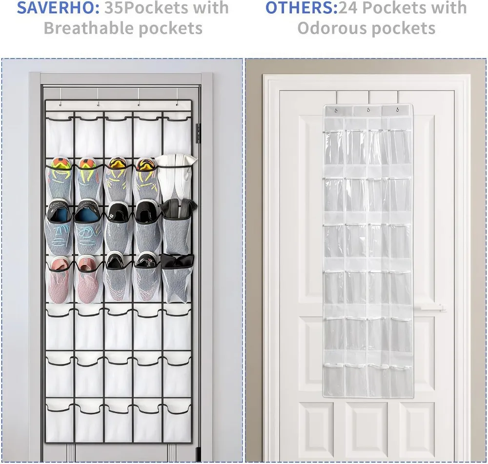 35 Pockets Over Door Shoe Organizer with Mesh, Hanging Storage for Shoes, Large Capacity, 4 Metal Hooks, White view 6
