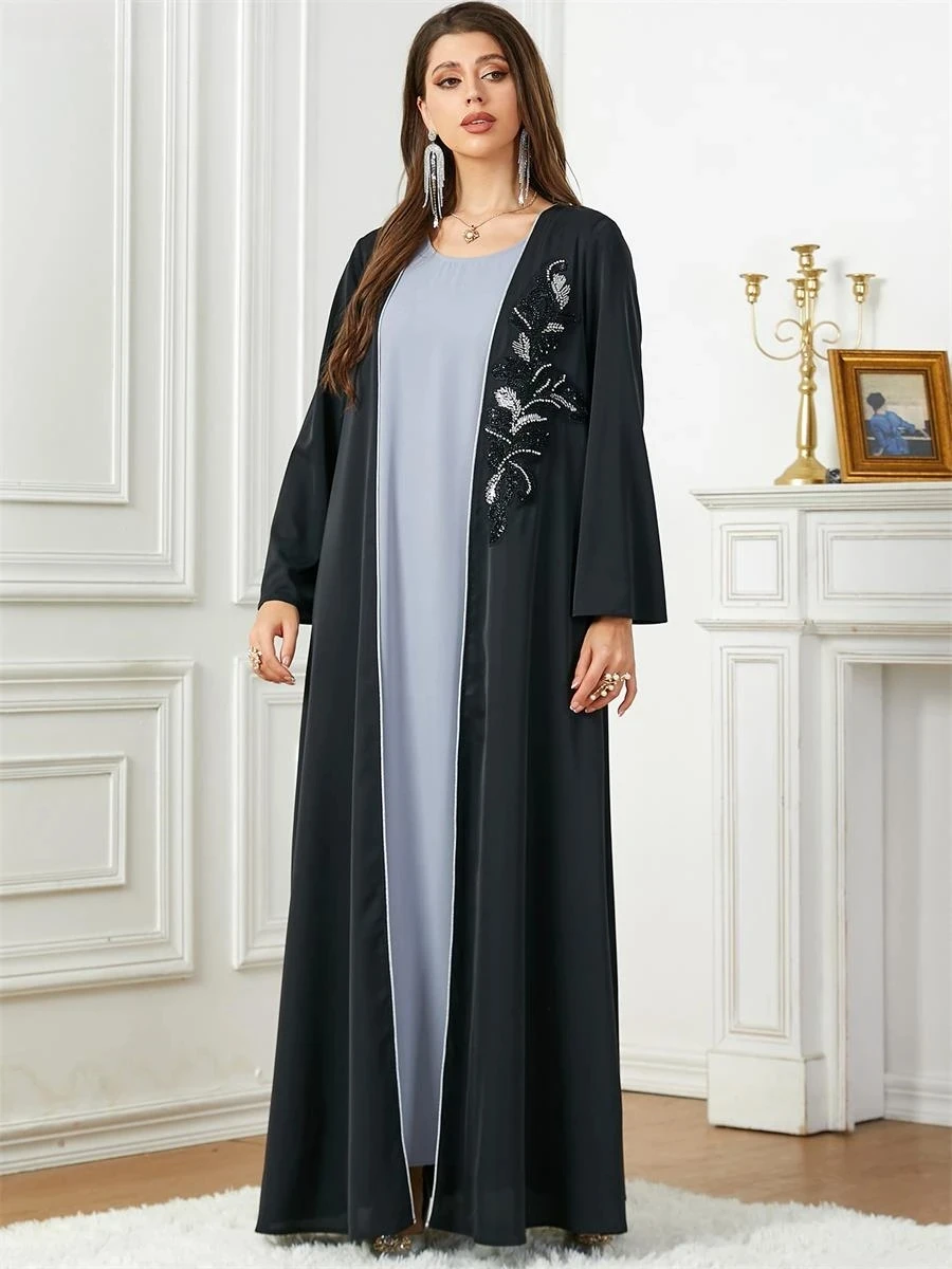 

Saudi Arab Casual Loose Black Floral Beading Draped Open Kimono Abaya Jalabiyat Moroccan Turkish Borka Women Clothing