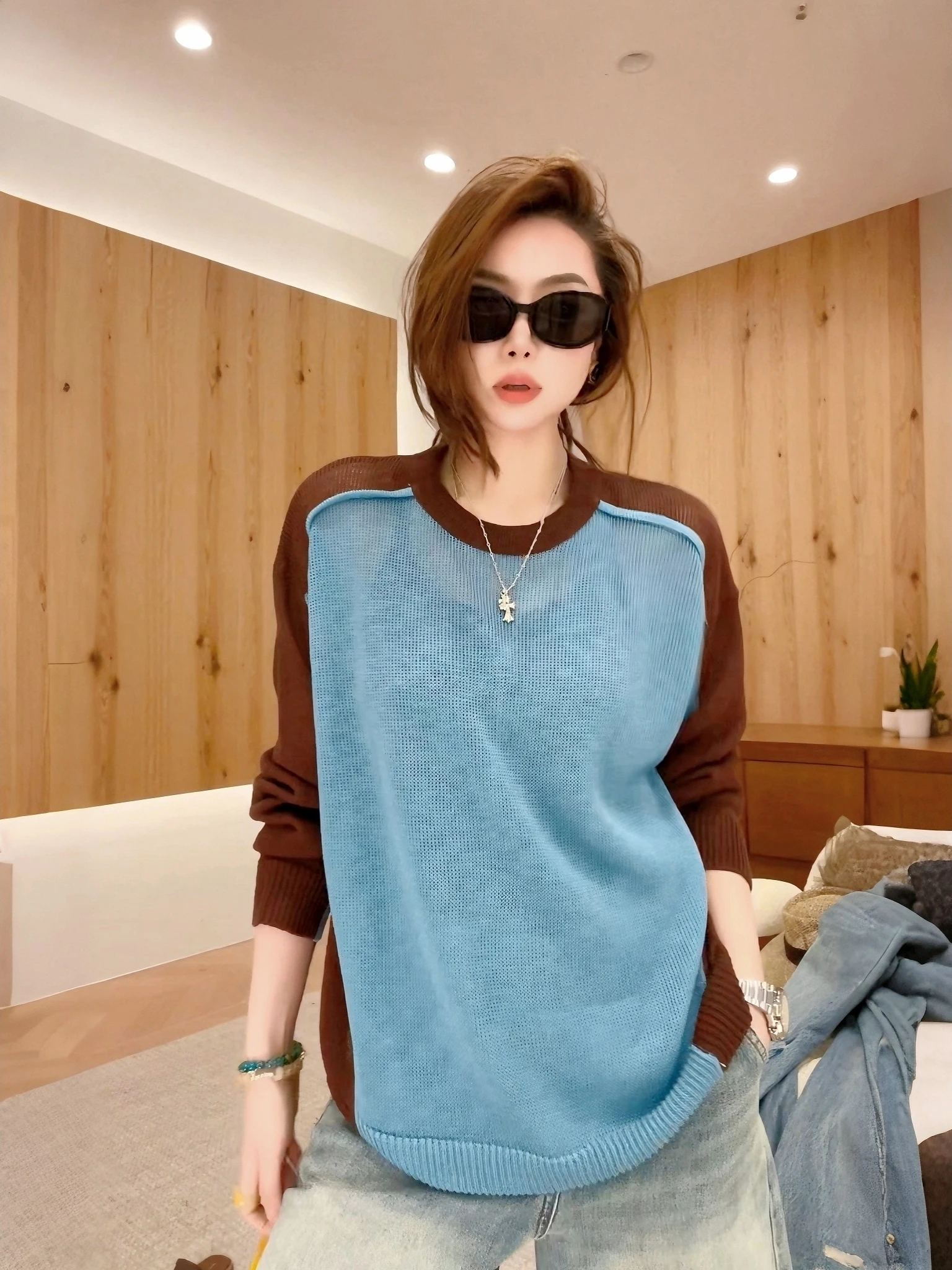 

Вязаный топ Color Blo, новинка ранней весны, повседневный свободный крой, из смесового полиэстера, с длинными рукавами и круглым вырезом, D774