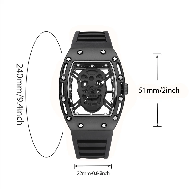 Skull Dial Mens Watches Fashion Tonneau Black Punk Style Quartz Wristawatch Sport Skeleton Male Cool Clock for Halloween Gift