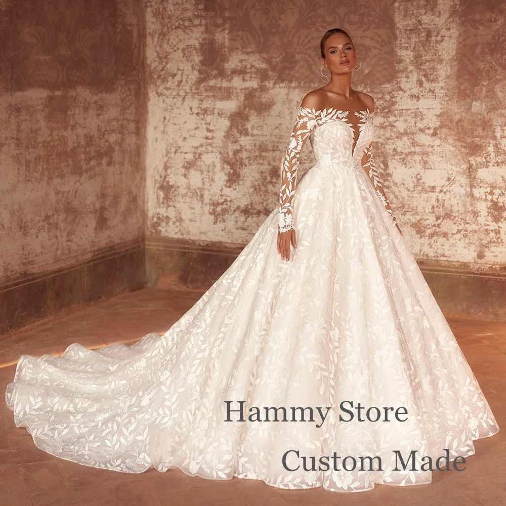 

Romantic Ball Gown Wedding Dress Boat Neck Long Sleeves Exquisite Lace Sweep Train Woman Bridal Gown Vestido De Noiva