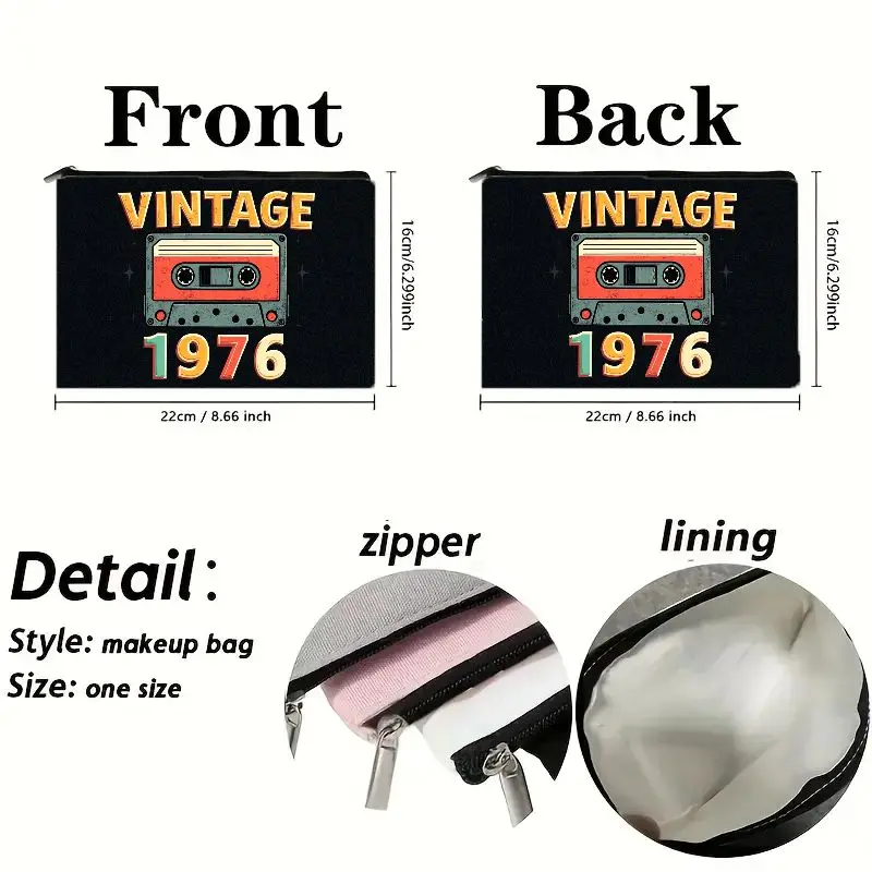 Vintage1976Year tape cosmetic bag with zipper closure ，70Vintage-style music-themed cosmetic and toiletry storage bag，Lightweigh