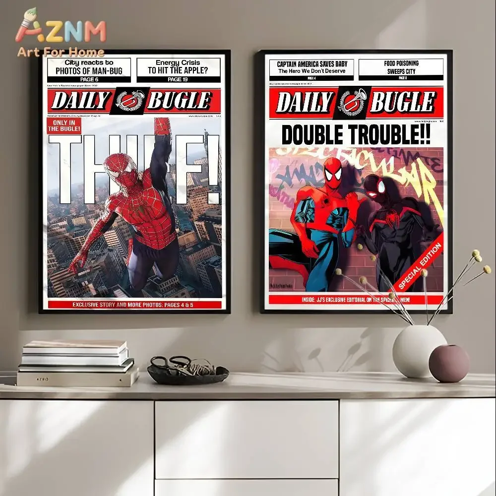 AZNM Marvel Daily Bugle Spider-Man Frameless Canvas Print, Retro Newspaper Style Wall Art, Superhero Home Decor Poster, Classic