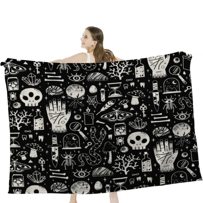 Curiosities: Bone Black Throw Blankets Soft Velvet Blanket Camping Bedding Blanket Cold Cinema or Travel