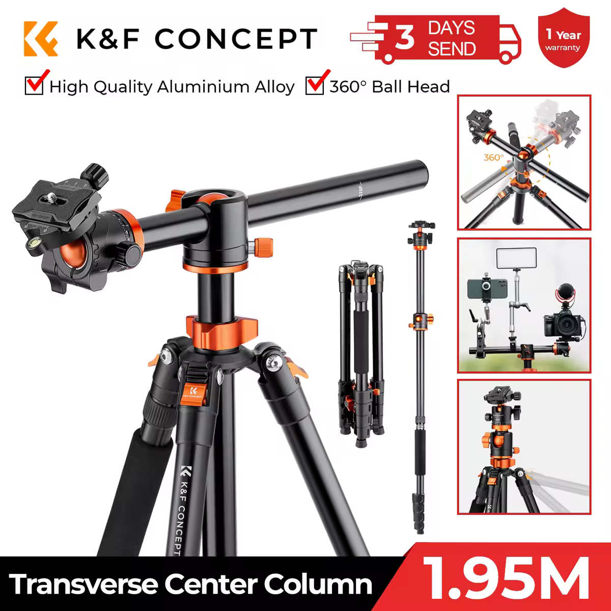 Trépied photo de voyage en aluminium K&F CONCEPT avec colonne centrale transversale 72''/185cm, charge maximale 10kg/22lbs, avec rotule T255A3+BH-28L