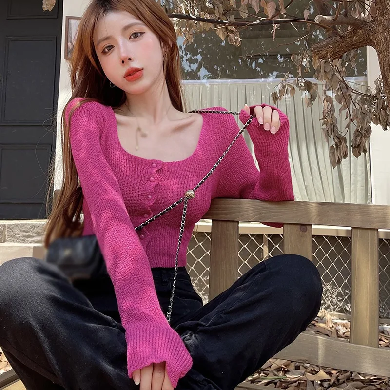 Single-breasted Long Sleeve Square Neck Solid Color Short Top Knitted Air Conditioning Shirt Women\'s Sweater
