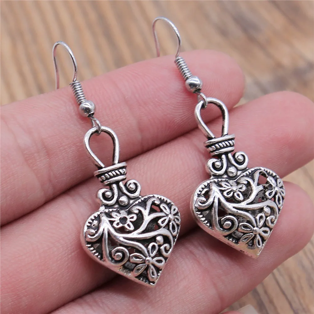 Women Vintage Drop Earrings Fashion Handmade Simple Design 2 Colors Vintage 3D Hollow Flowers Heart Pendant Earrings