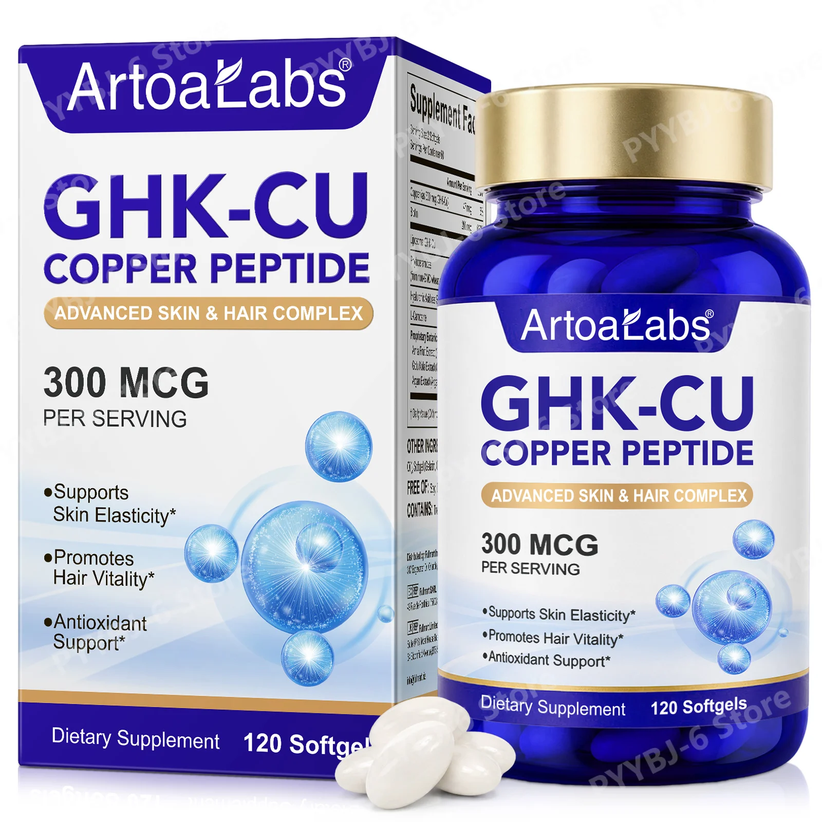 Artoalabs GHK-Cu Copper Peptide Softgels with Biotin and Hyaluronic Acid Skin Elasticity Hair Vitality Antioxidant 120 Softgels