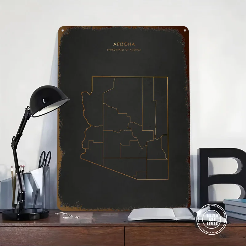 Gold Arizona Map Printed Poster Customized Wall Art Retro Vintage Metal Tin Signs for Room Bedroom Decoration At Home Desk Decor