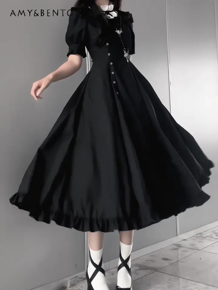

Women's Gothic Black Short Puff Sleeve Dress with White Ruffled Collar High Waist and Ruffled Hem for Halloween and Daily Wear