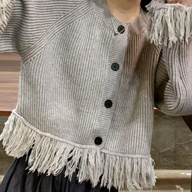 Autumn Women Elegant Tassel Splice Knit Cardigan O-Neck Single Breast Loose Sweater Retro Casual All-Match Gray Top Chic Korean