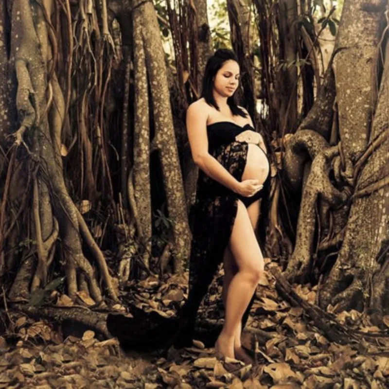 Sexy Perspective Strapless Lace Strapless Pregnant Women's Photo Dress High Slit Tail Pregnant Women's Photo with Clothing