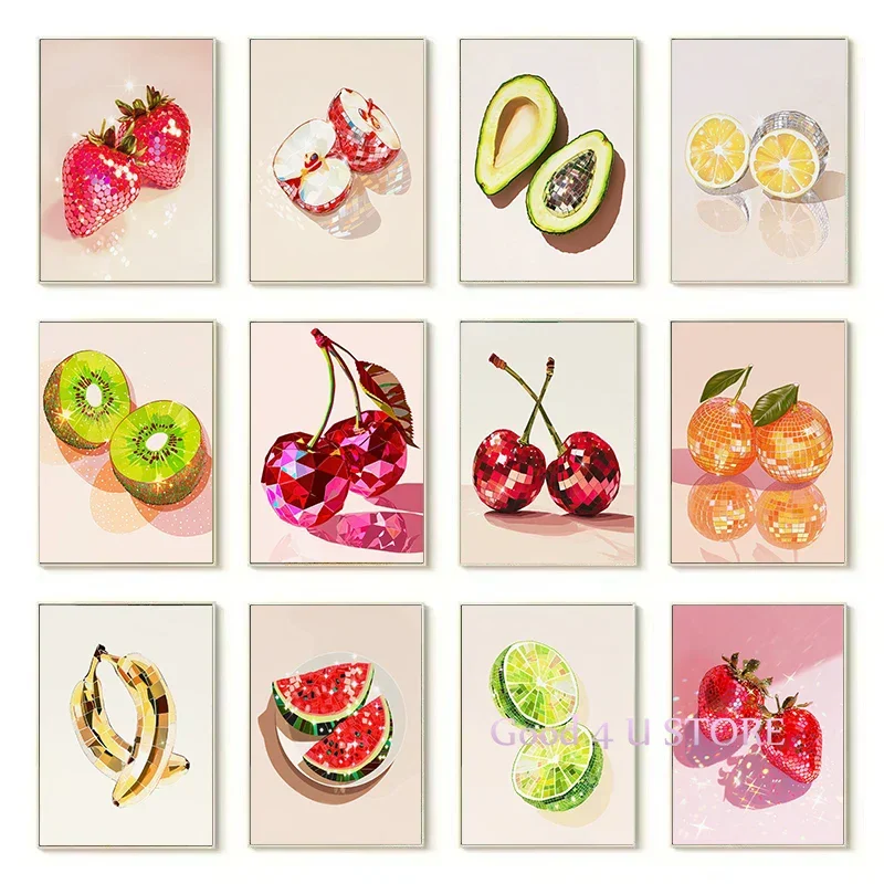 1pc frameless canvas painting Retro Trendy Glam Fruit Disco Ball Orange Lemon Mirrorball Creative Poster Canvas Painting Wall