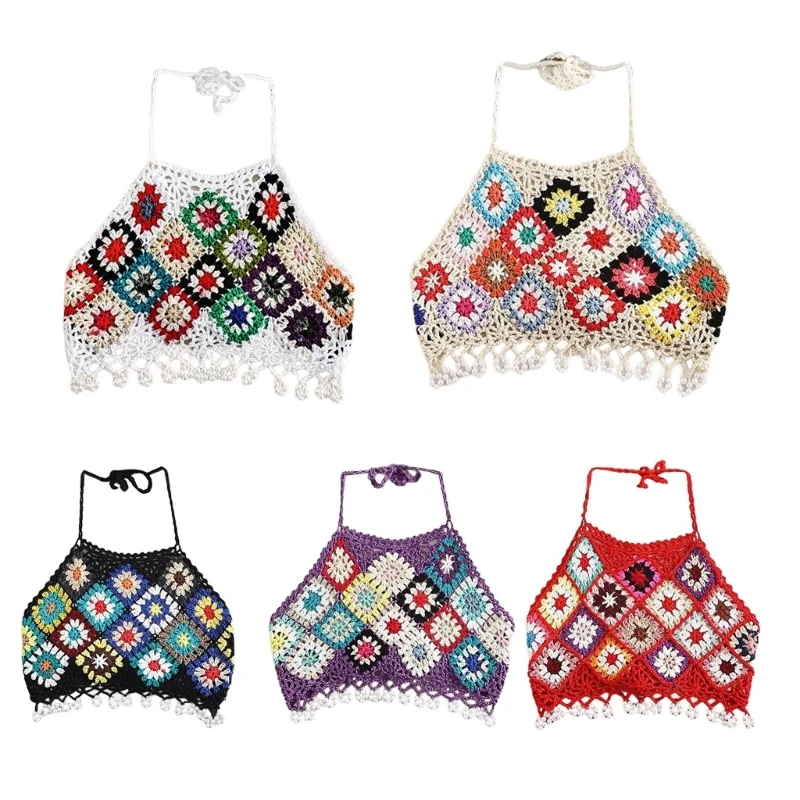 

Fashionable Knit Colorful Beach Cami Vest Halterneck Crochet Crop Top for Women